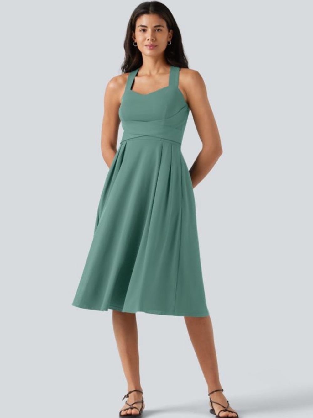 HALARA Sleeveless A-Line Midi Dress in Sage Green